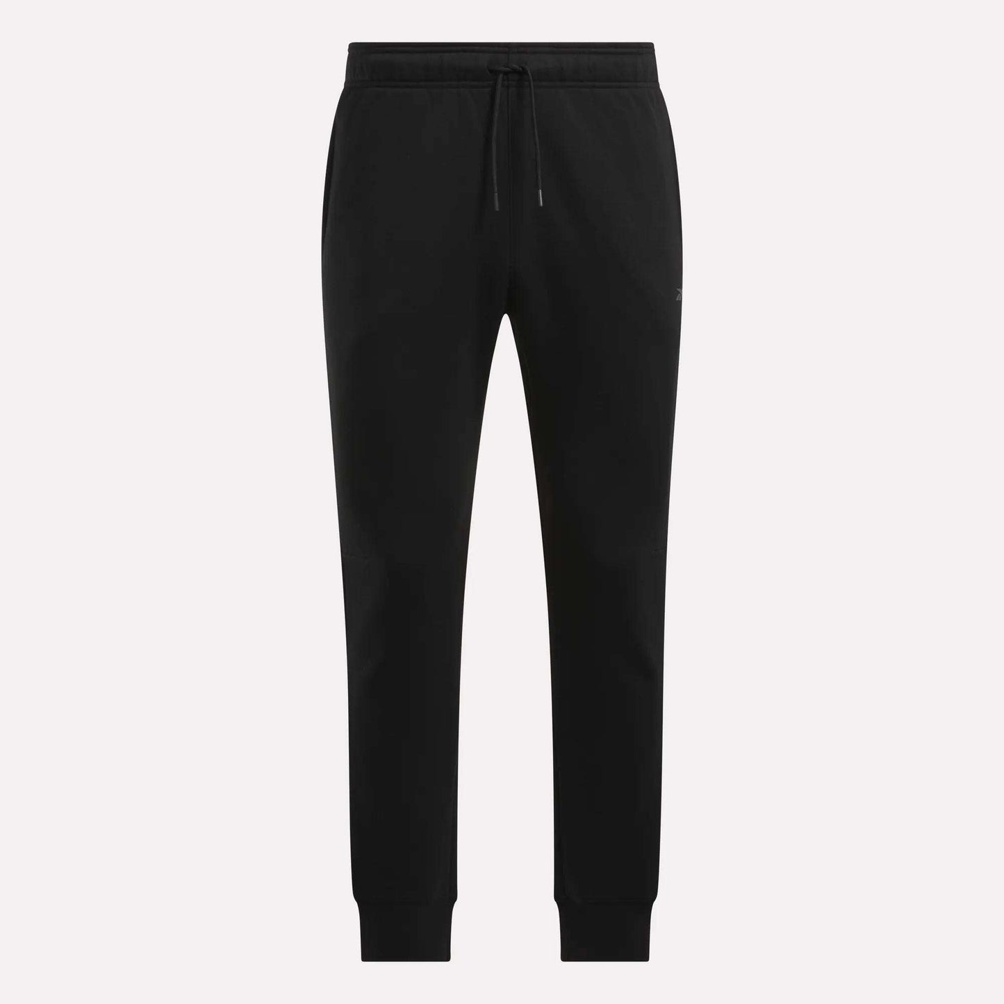 Reebok Men's Motion Joggers in black, featuring a slim fit, elastic waistband with drawstring tie, side pockets, and fitted cuffs, displayed on a plain white background.