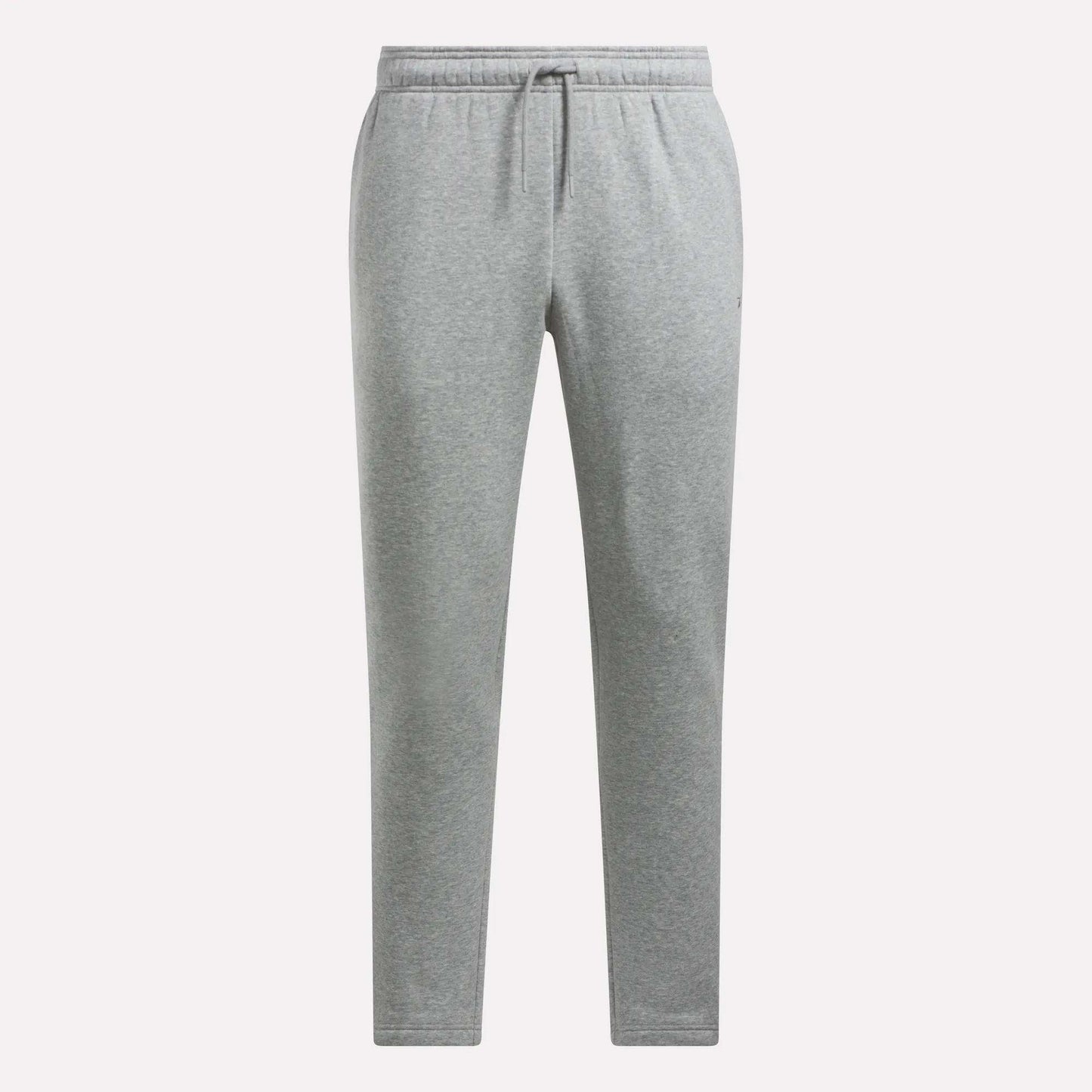 Reebok Men's Patent Pants in light gray feature an adjustable waistband with drawstring, side pockets, soft fabric for comfort, and a slim, straight-leg fit.