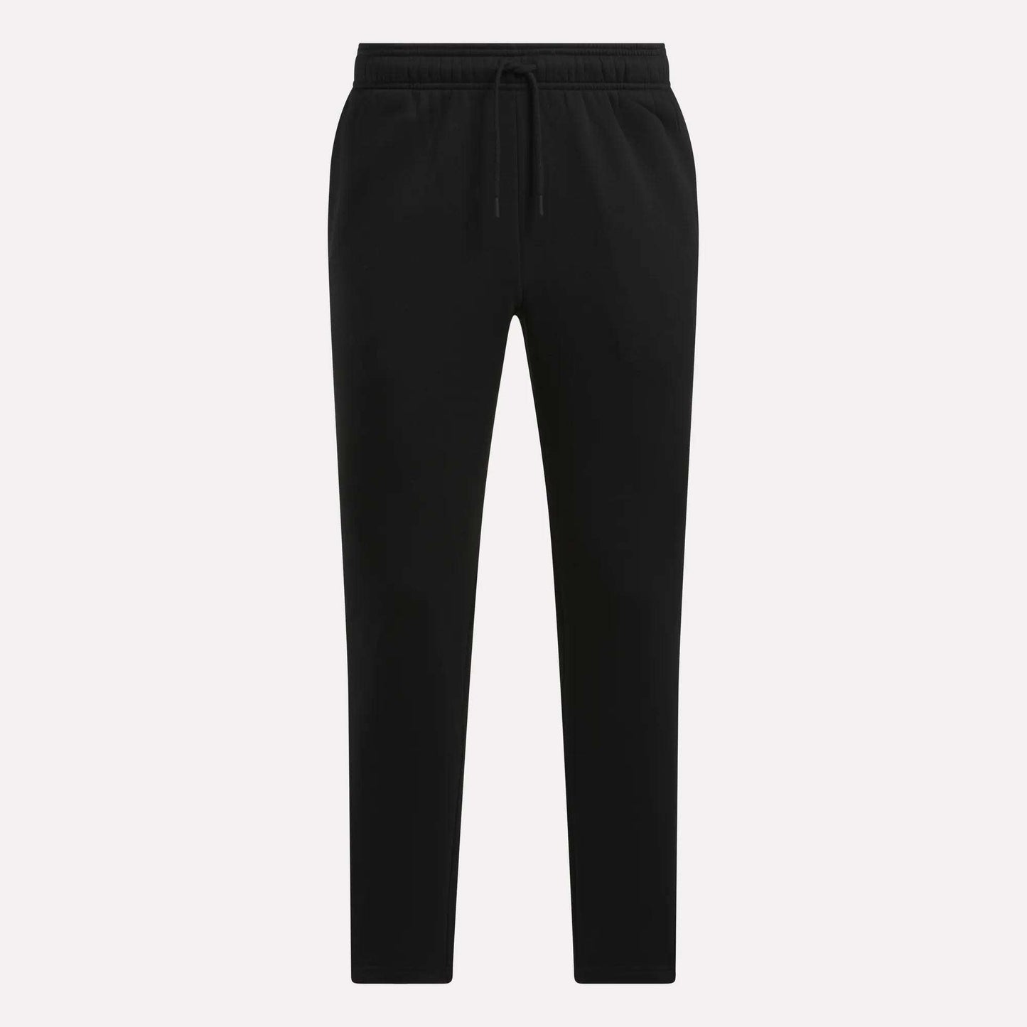 Reebok Men's Patent Pants in black, with an adjustable waistband, straight legs, and side pockets, shown on a plain white background.