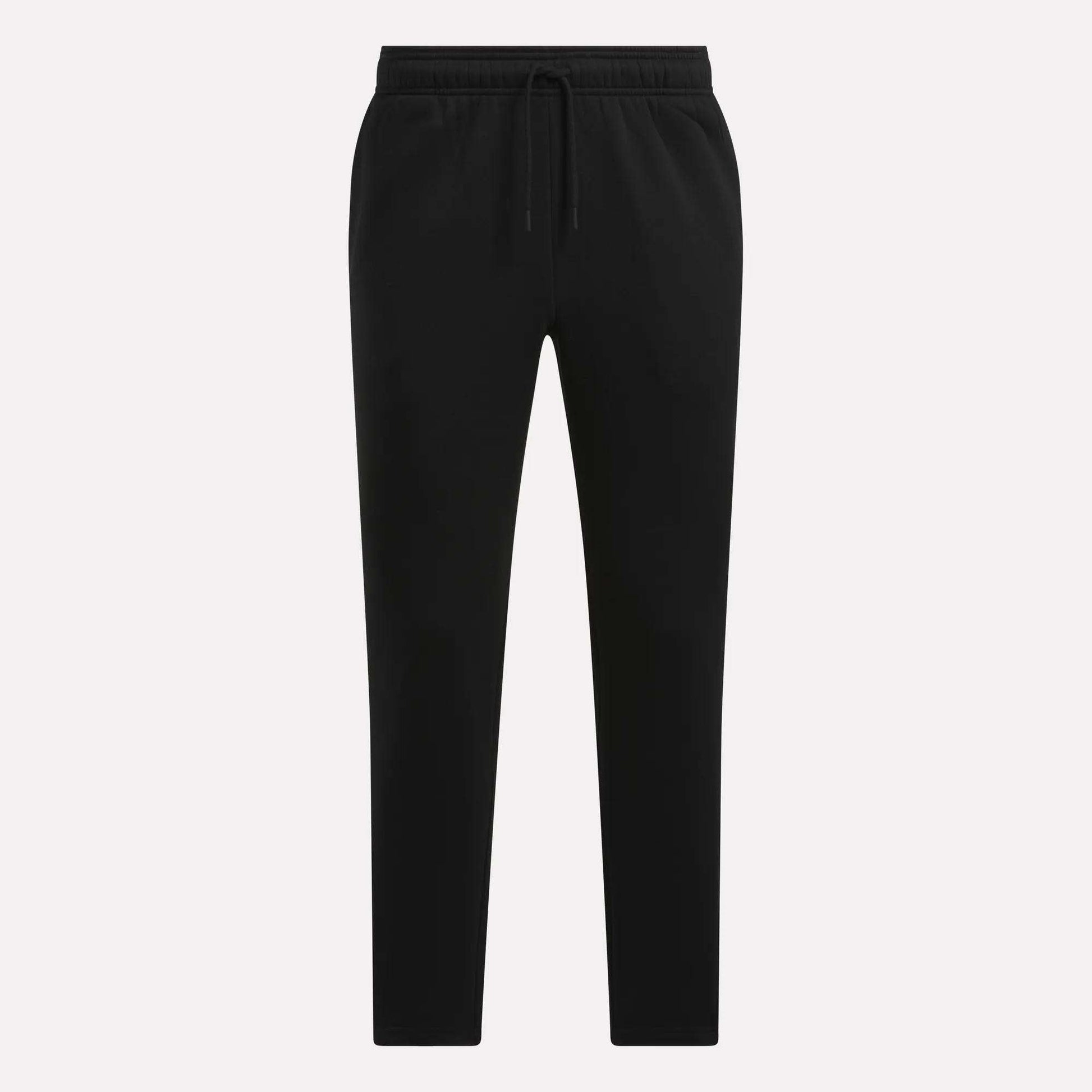 Reebok Men's Patent Pants in black, with an adjustable waistband, straight legs, and side pockets, shown on a plain white background.