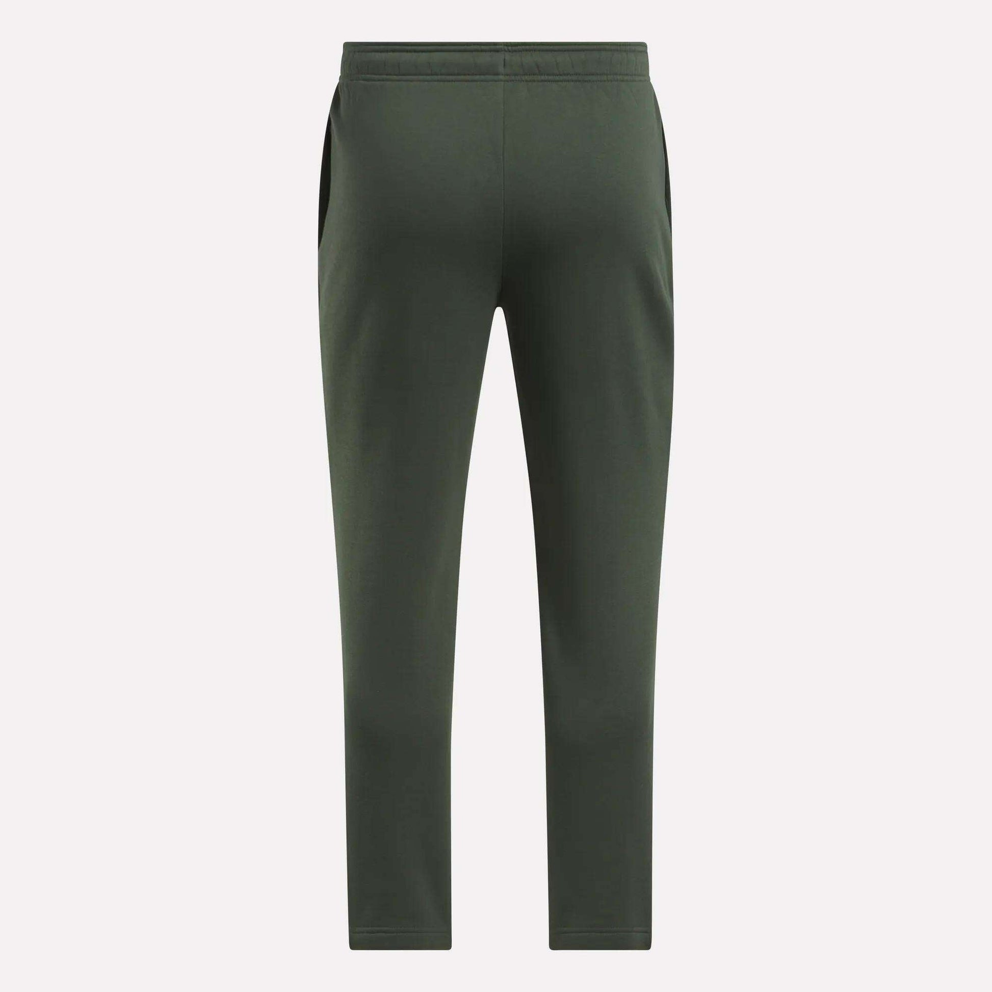 Men's Patent Pants by Reebok in olive green feature a slim fit, athletic jogger style, and an elastic adjustable waistband, displayed from the back against a plain light background.