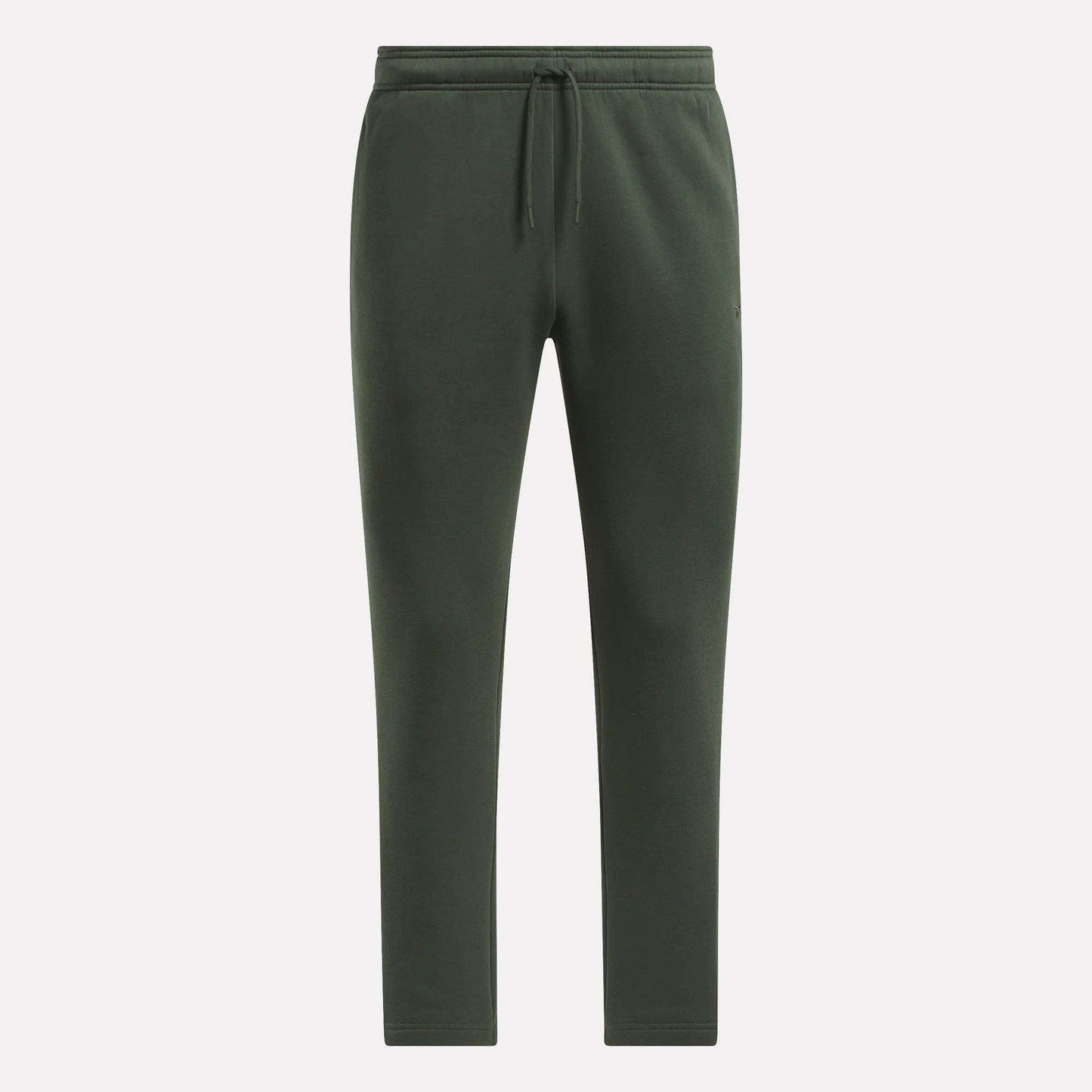 Men's Patent Pants by Reebok in dark green, with adjustable waistband and drawstring, slim fit tapered legs, shown on a plain light background.