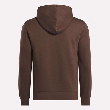 The Men's Finisher Hoodie by Reebok is shown from the back, featuring long sleeves, a hood, and ribbed cuffs and hem for comfort.