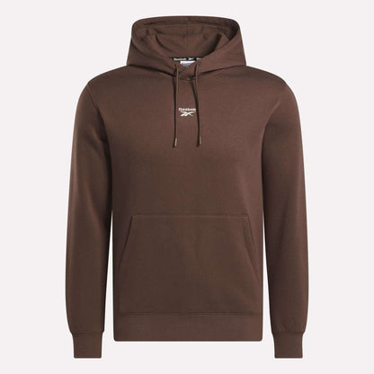 The Reebok Men's Finisher Hoodie in brown features a soft cotton-blend fabric, a front pocket, and a small white logo on the chest, shown against a plain background.