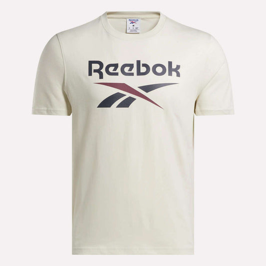 The Men's Logo Crewneck T-Shirt by Reebok features a bold black and maroon vector logo graphic across the chest.