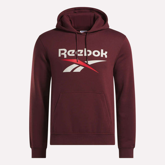 The Men's Logo Hoodie by Reebok is a maroon pullover for men with a front kangaroo pocket, drawstring hood, and bold white and red Reebok logo on the chest, crafted from soft cotton-blend fleece for comfort.