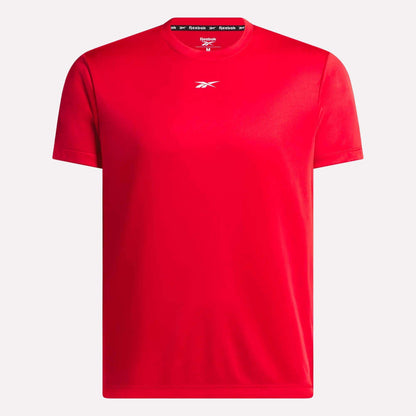 The Reebok Men's Short Sleeve Tech Training T-Shirt is plain red with a small white logo on the chest, branded collar lining, and made from breathable RBK-DRY fabric, shown against a white background.