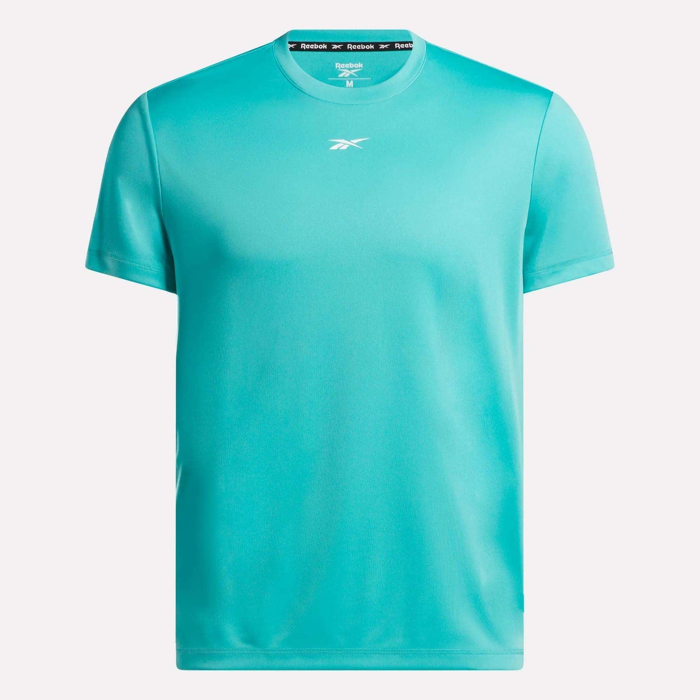 The Men's Short Sleeve Tech Training T-Shirt by Reebok is turquoise, features short sleeves, a small white Reebok logo on the chest, and sweat-wicking fabric. Displayed against a white background.