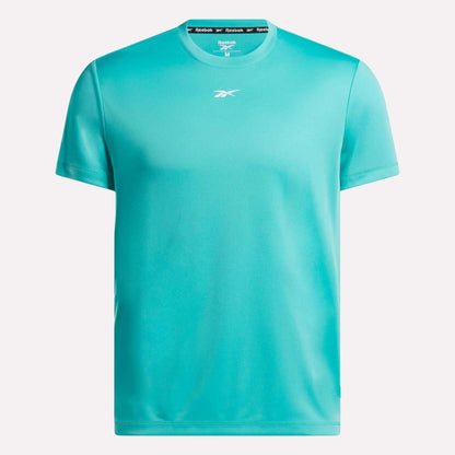 The Men's Short Sleeve Tech Training T-Shirt by Reebok is turquoise, features short sleeves, a small white Reebok logo on the chest, and sweat-wicking fabric. Displayed against a white background.