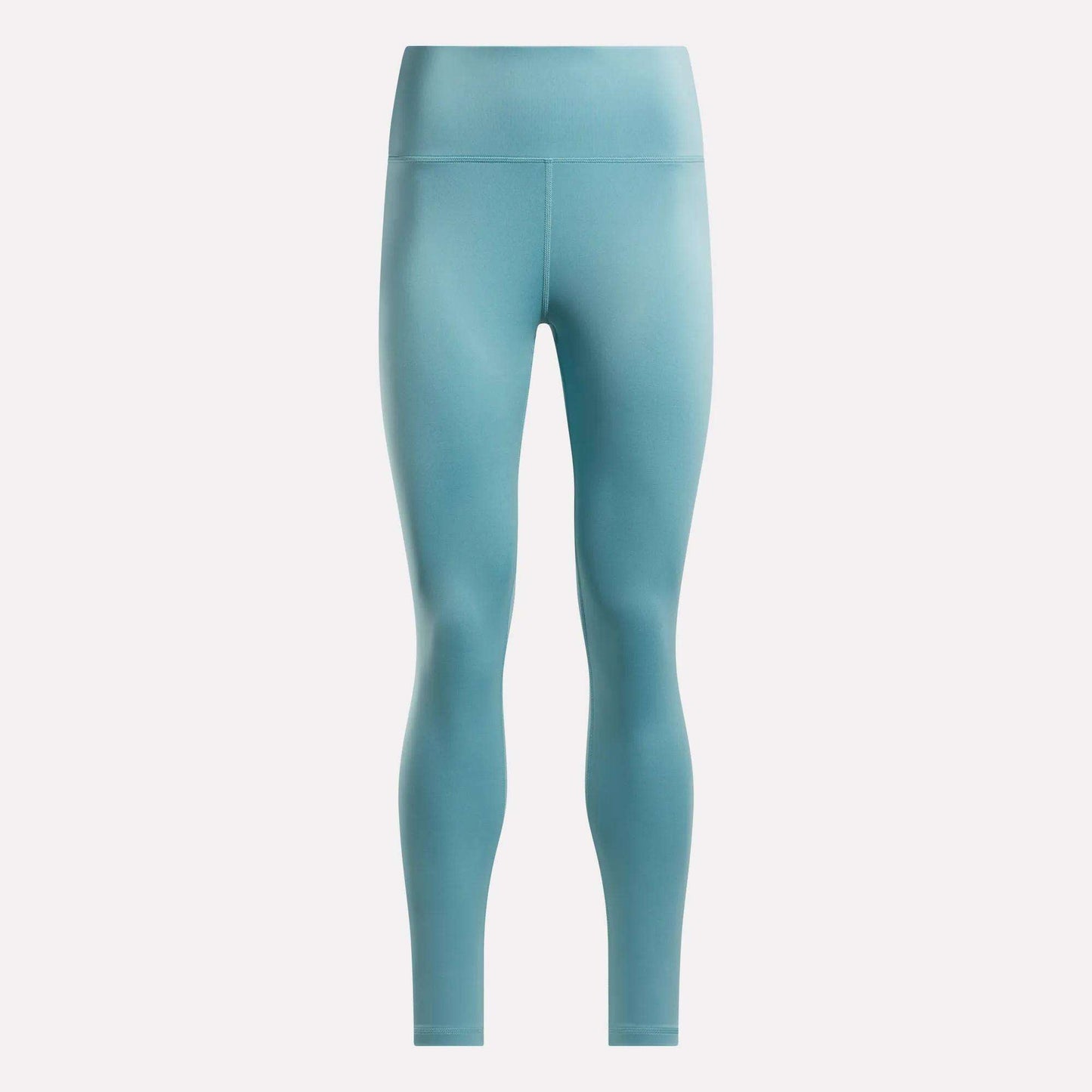 Light blue Women's High-Rise Leggings by Reebok, full-length and made with RBK-DRY fabric, shown on a plain white background.