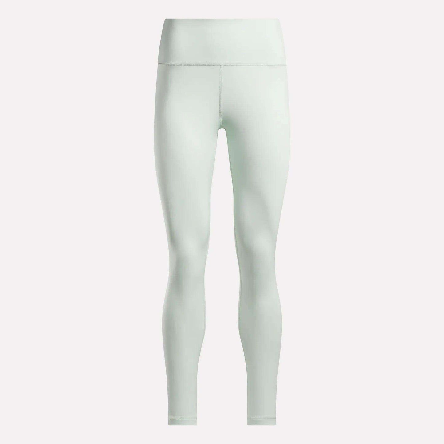 Reebok Women's High-Rise Leggings in light green, made from moisture-wicking RBK-DRY fabric, are shown full-length against a plain white background.