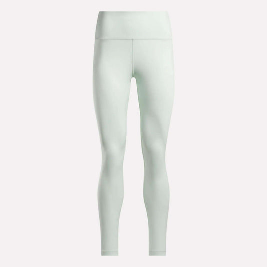 Reebok Women's High-Rise Leggings in light green, made from moisture-wicking RBK-DRY fabric, are shown full-length against a plain white background.