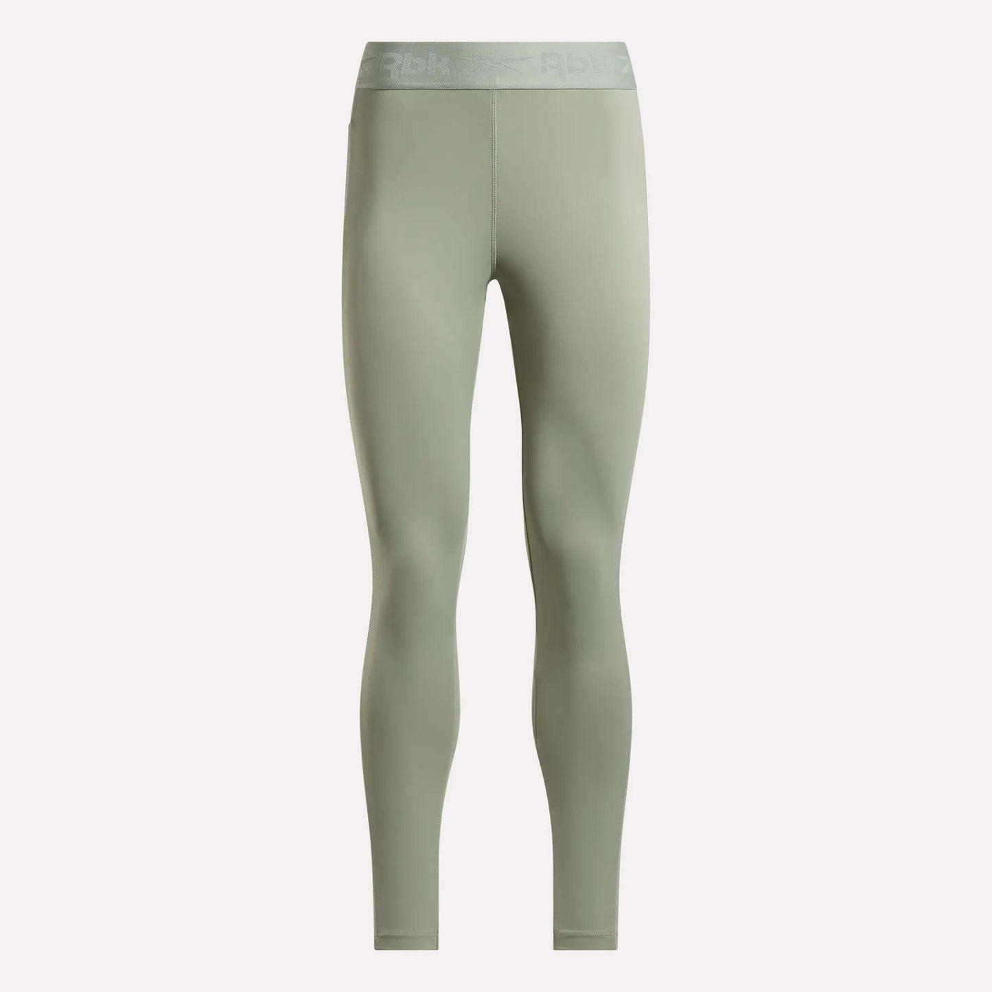 Light olive green Women's Ruched Training Leggings by Reebok, crafted from sweat-wicking fabric with a high waist and subtle waistband branding, displayed on a plain white background.