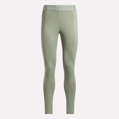 Light olive green Women's Ruched Training Leggings by Reebok, crafted from sweat-wicking fabric with a high waist and subtle waistband branding, displayed on a plain white background.