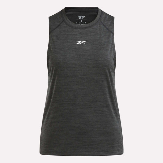 Introducing the Reebok Women's Training Tank Top—a sleeveless, dark gray workout essential featuring a crew neckline and a subtle white Reebok logo on the chest. Crafted with RBK-DRY technology for superior comfort during training sessions, this tank top is showcased against a simple light backdrop.