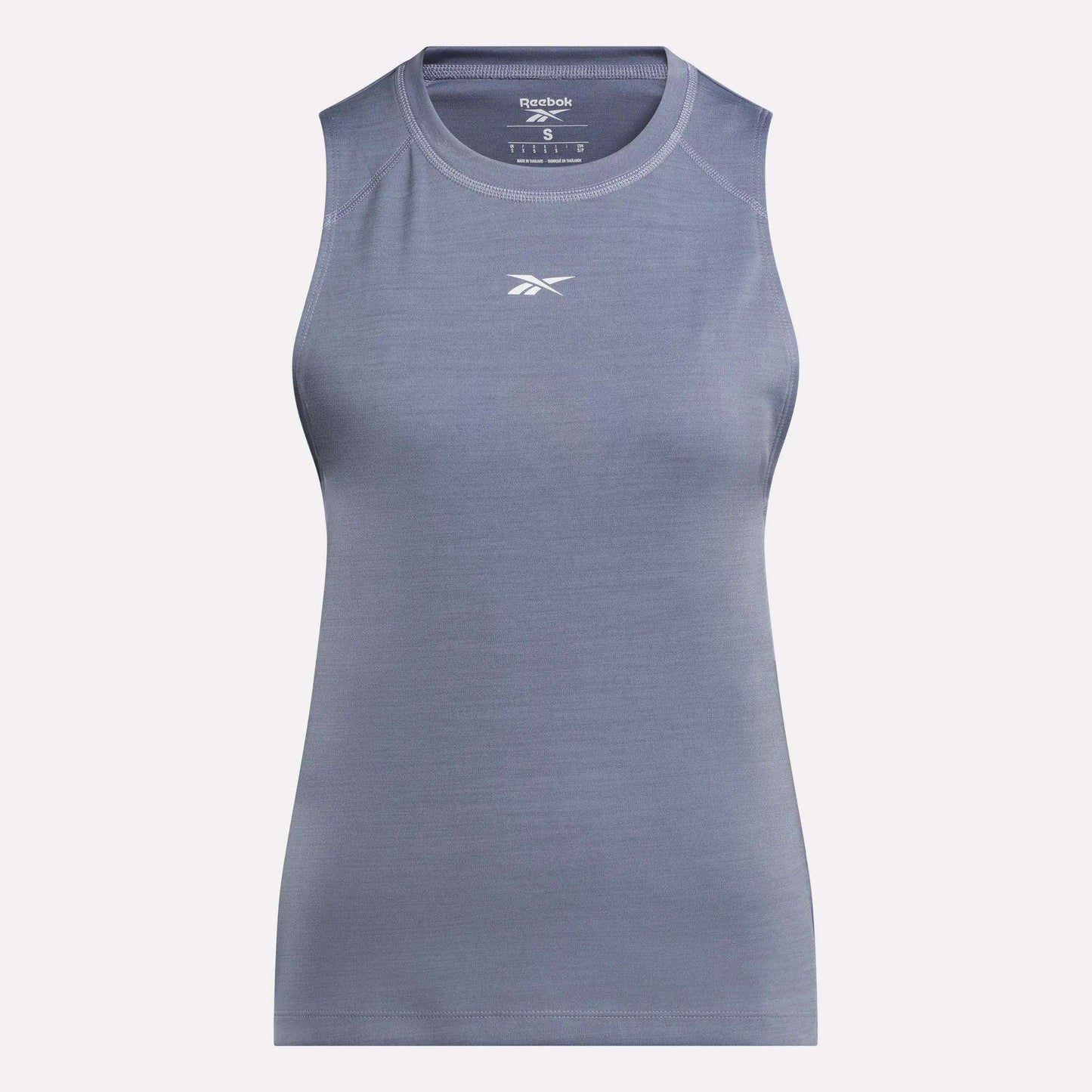 The Reebok Women's Training Tank Top is a sleeveless athletic top in light gray with RBK-DRY fabric and a small white chest logo, shown on a plain white background.