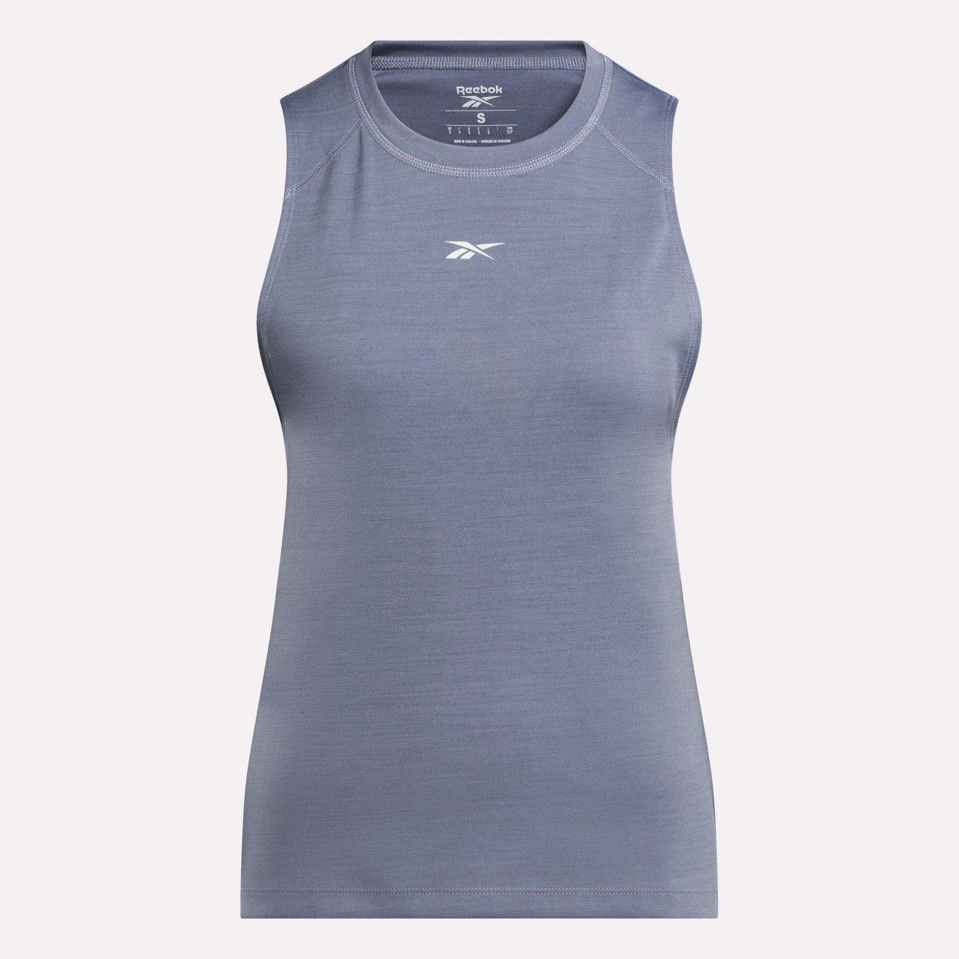 The Reebok Women's Training Tank Top is a sleeveless athletic top in light gray with RBK-DRY fabric and a small white chest logo, shown on a plain white background.