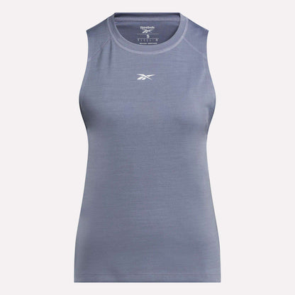 The Reebok Women's Training Tank Top is a sleeveless athletic top in light gray with RBK-DRY fabric and a small white chest logo, shown on a plain white background.