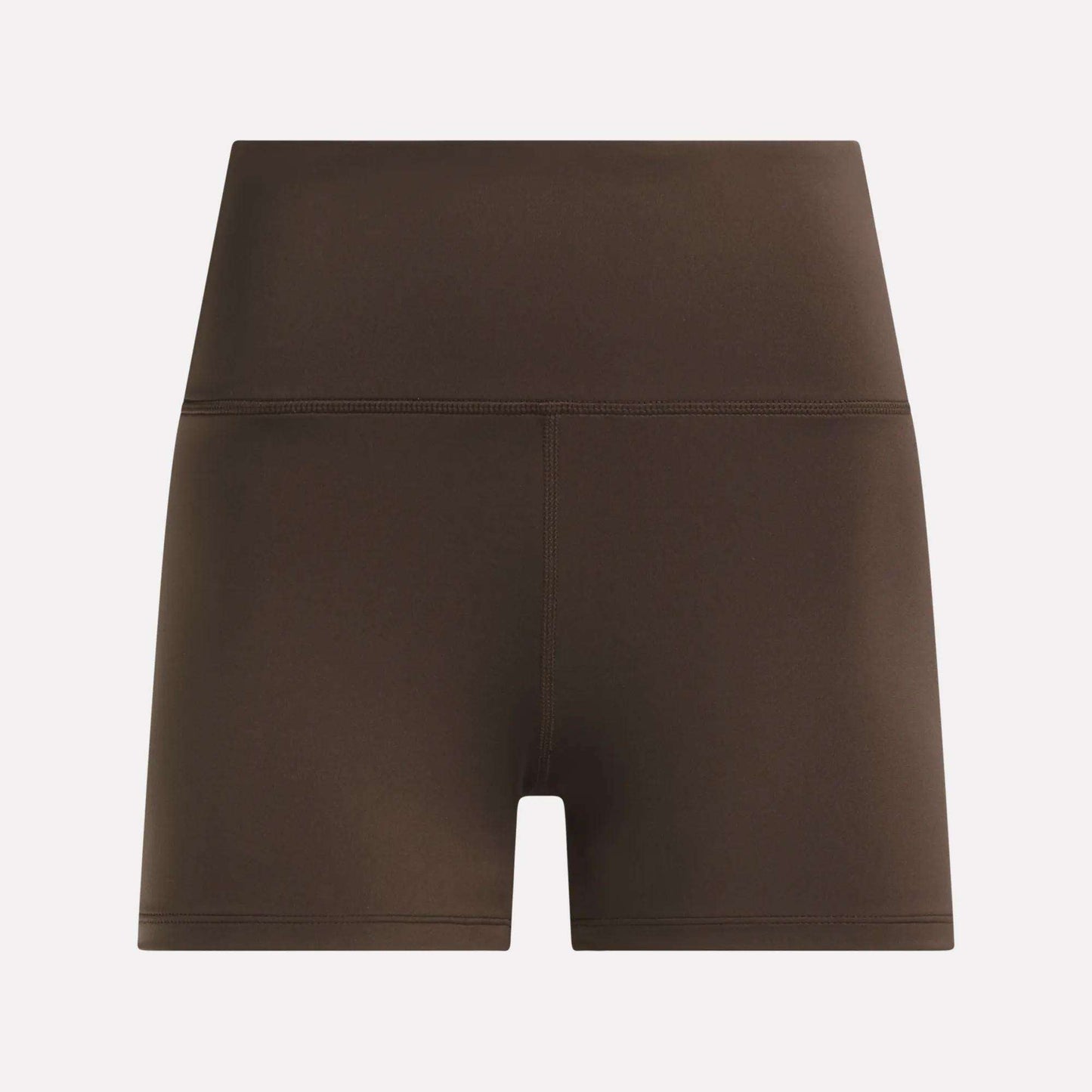 Reebok Women's High-Rise Mini Biker Shorts 3" in brown, featuring a smooth, sweat-wicking finish and shown from the front on a plain white background—ideal for your next training session.