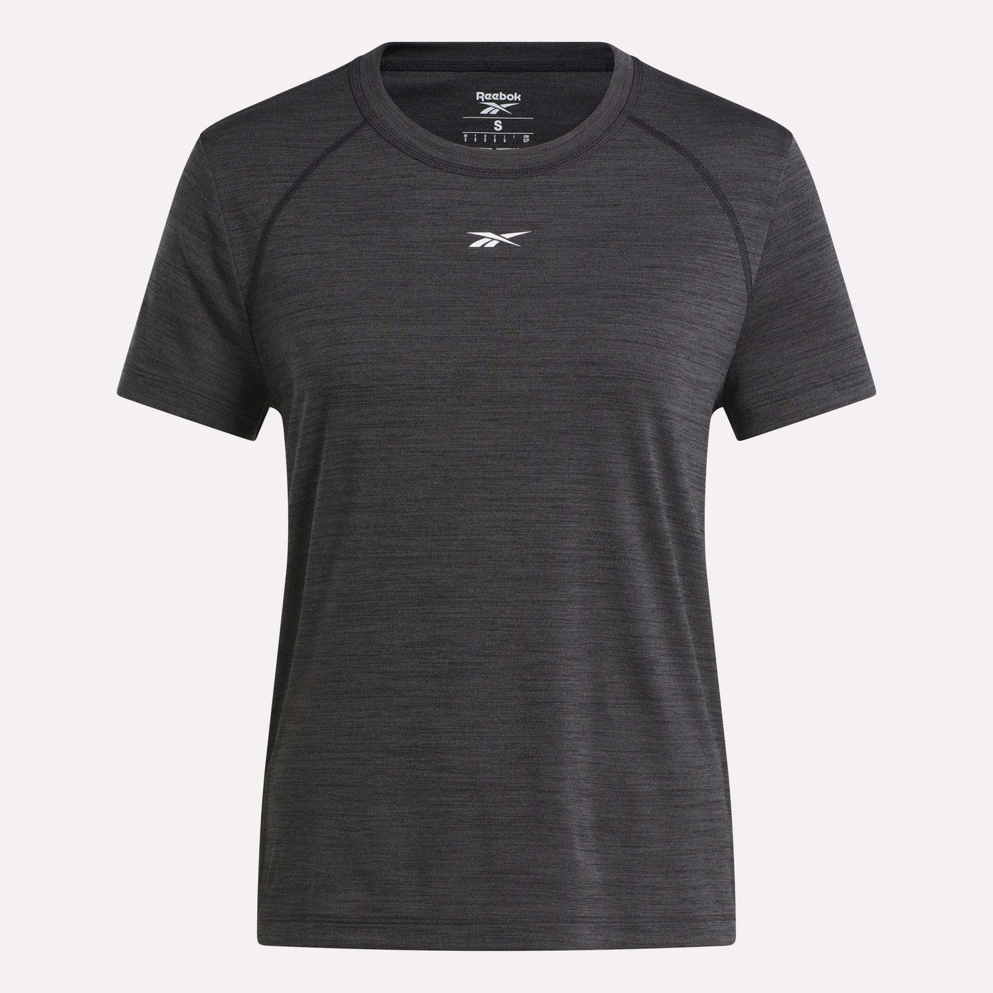 A women's Reebok Training T-Shirt in dark grey is shown on a white background. This short-sleeved tee has a crew neckline and features a small white Reebok logo on the chest.