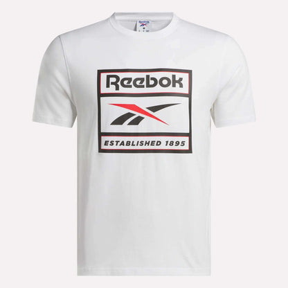 Introducing the Men's Logo T-Shirt by Reebok, a white cotton tee featuring a bold black, red, and white Reebok logo along with "ESTABLISHED 1895" text on the front. This soft and comfortable shirt is perfect for everyday wear.