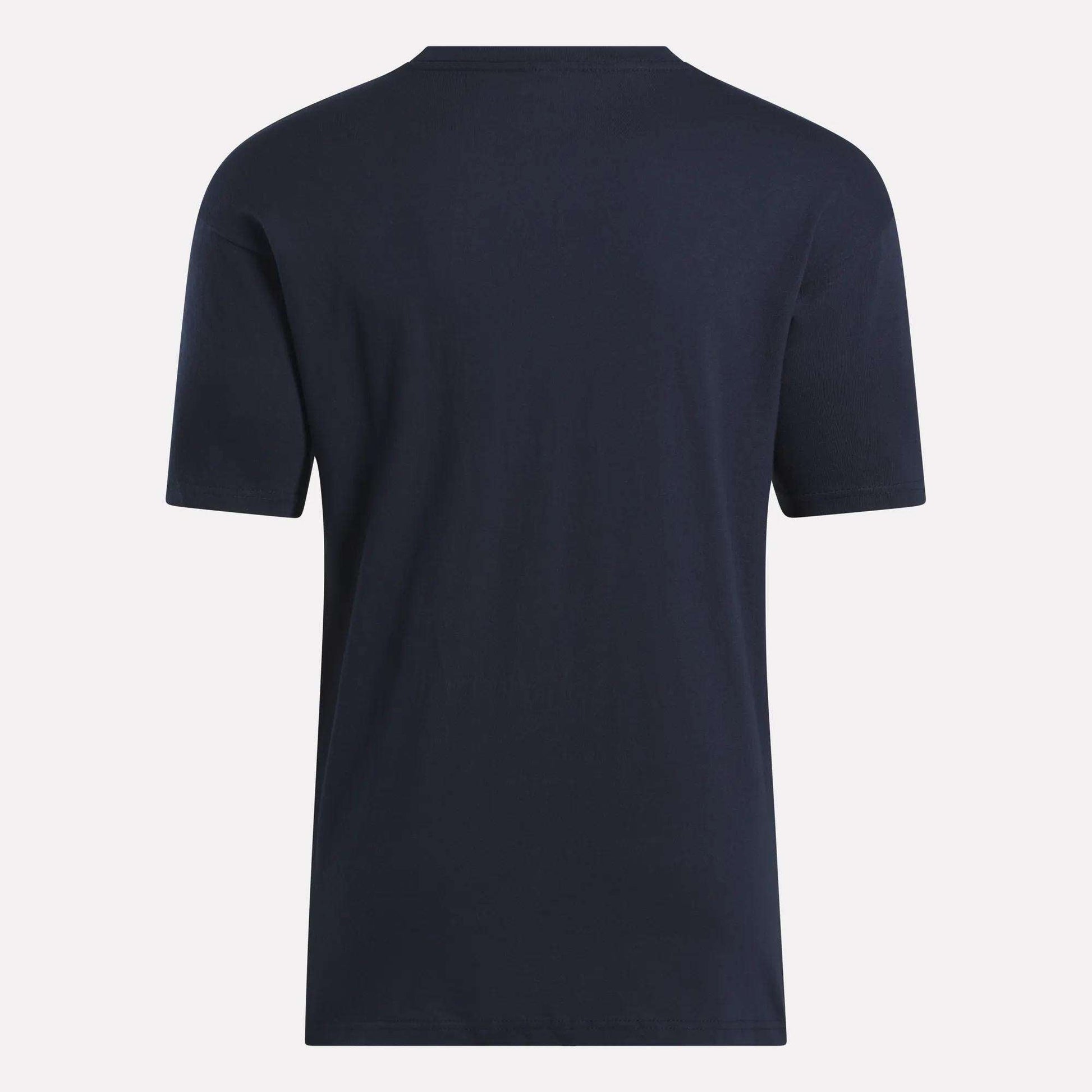 The Reebok Men's Stacked Vector T-Shirt, made from soft cotton in plain navy blue, is displayed from the back against a light background.