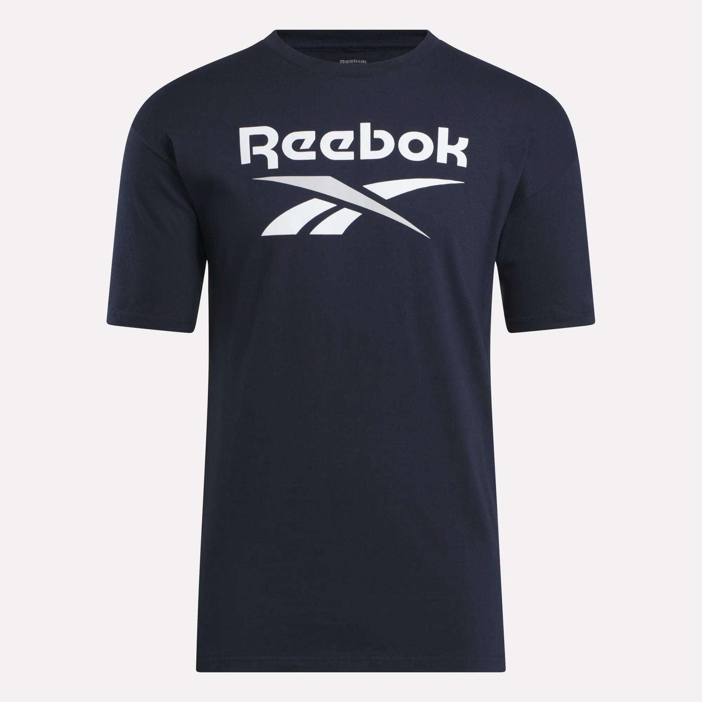 The Reebok Men's Stacked Vector T-Shirt is a navy blue cotton tee with short sleeves, featuring a bold white Reebok logo and text on the chest—ideal for everyday comfort.