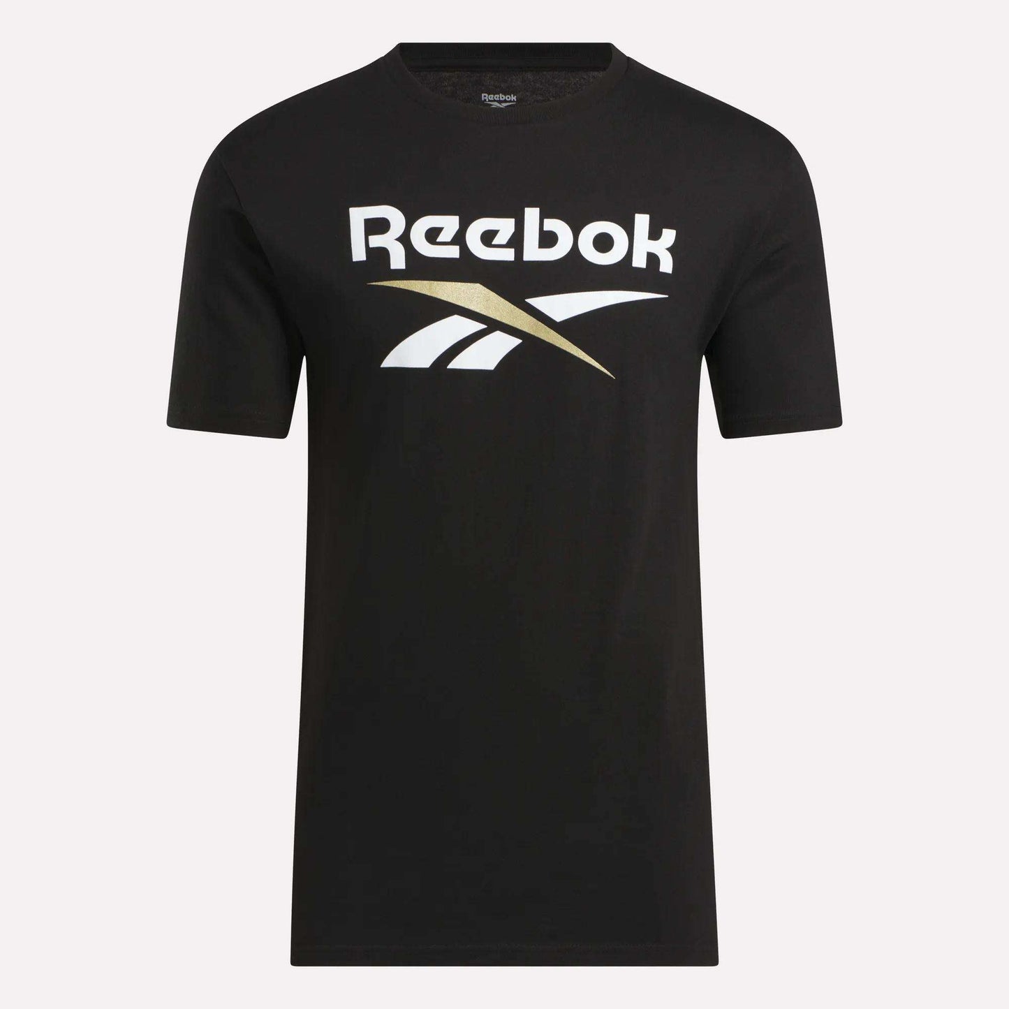 The Men's Stacked Vector T-Shirt by Reebok is a black short-sleeve tee with the white and gold Reebok logo on the chest, crafted from soft cotton and shown on a plain light background.