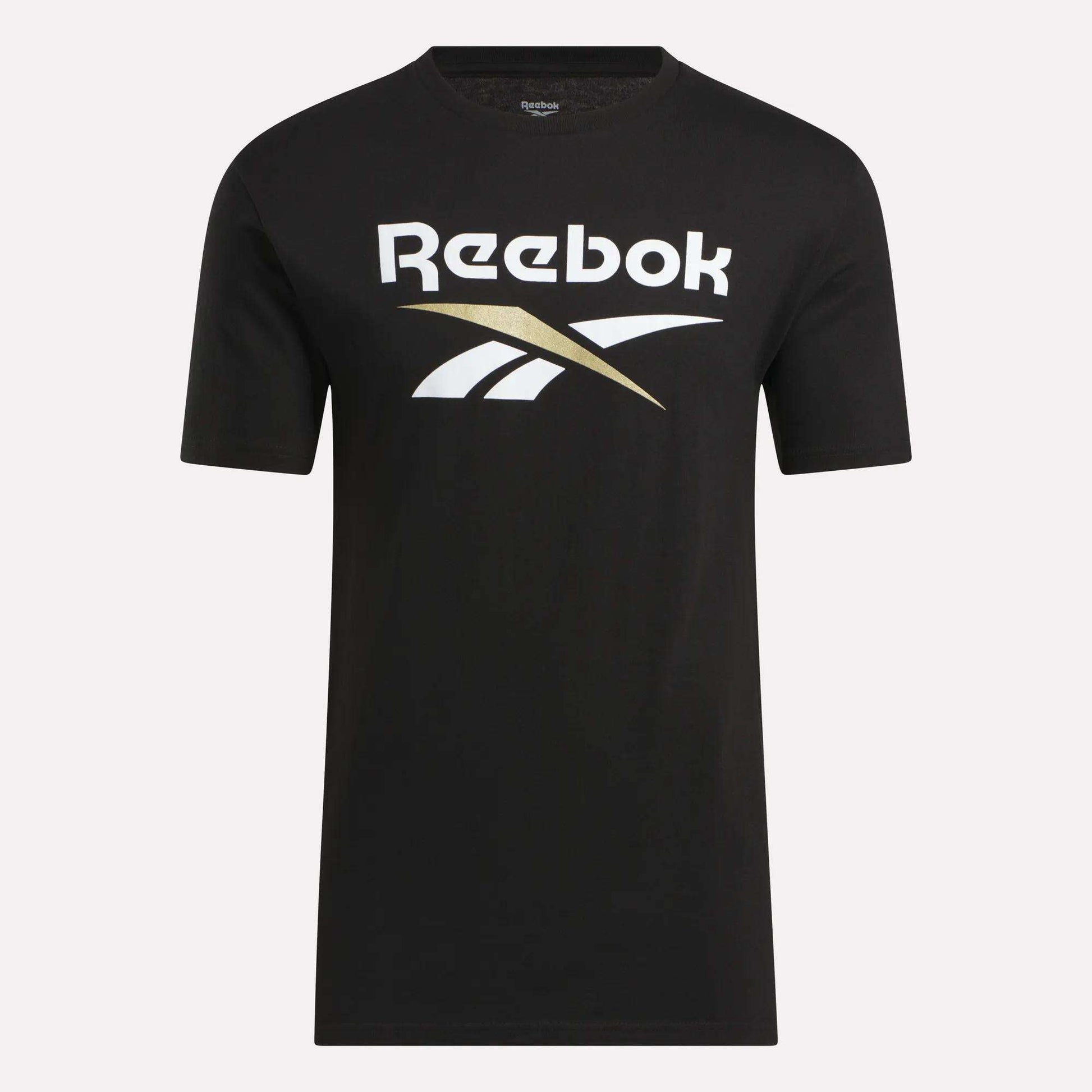 The Men's Stacked Vector T-Shirt by Reebok is a black short-sleeve tee with the white and gold Reebok logo on the chest, crafted from soft cotton and shown on a plain light background.