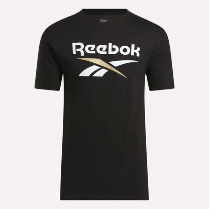 The Men's Stacked Vector T-Shirt by Reebok is a black short-sleeve tee with the white and gold Reebok logo on the chest, crafted from soft cotton and shown on a plain light background.