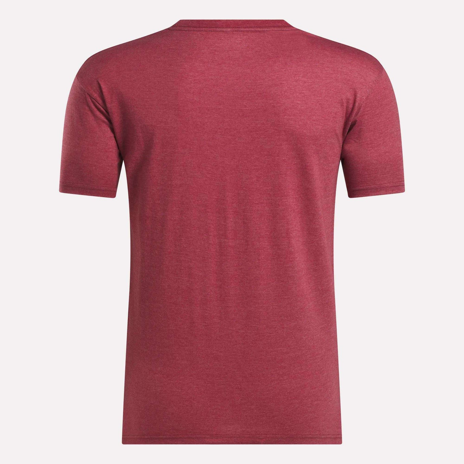 The Reebok Men's Stacked Vector T-Shirt is shown from the back in heathered red, featuring short sleeves, set against a white background.