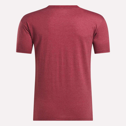 The Reebok Men's Stacked Vector T-Shirt is shown from the back in heathered red, featuring short sleeves, set against a white background.