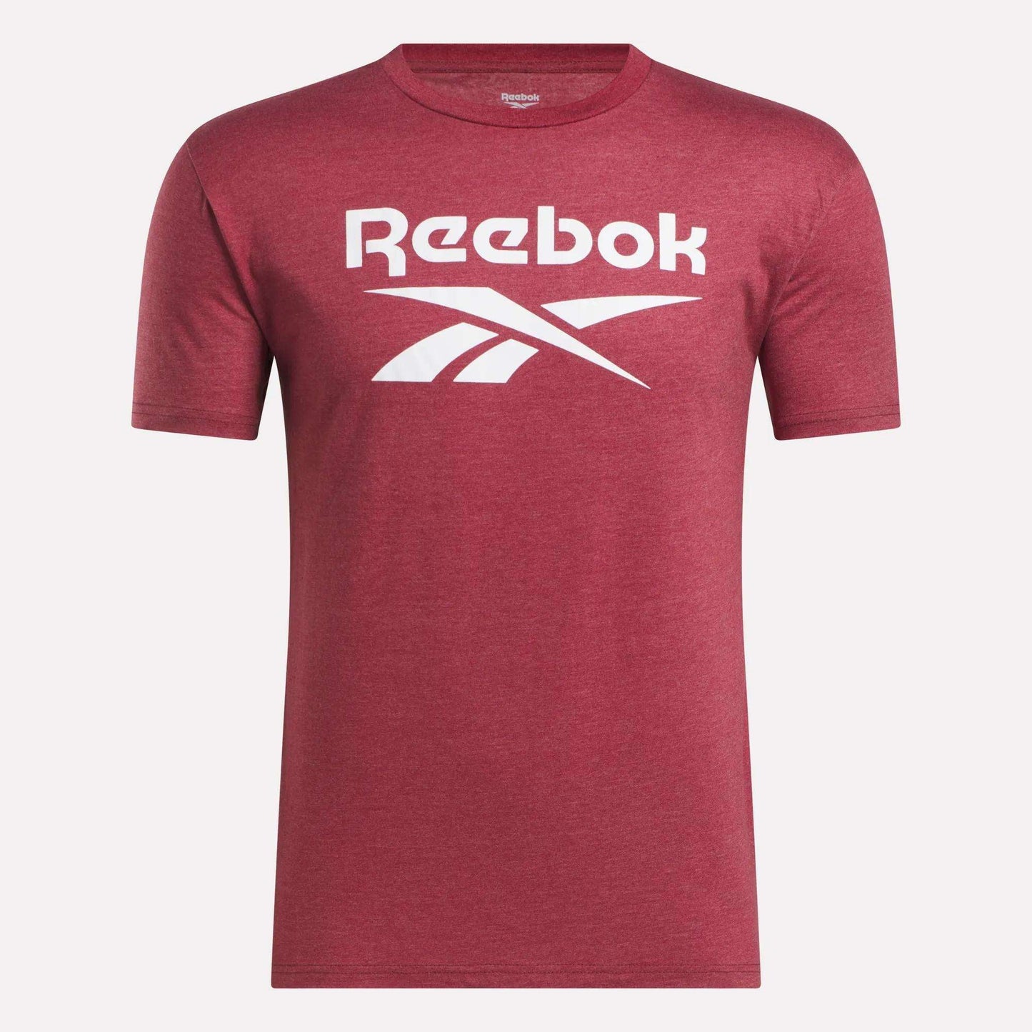 The Reebok Men's Stacked Vector T-Shirt is a maroon cotton tee featuring the white Reebok logo and text on the chest, shown against a plain white background for a classic, comfortable style.