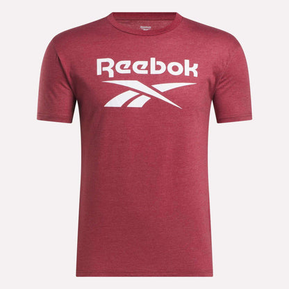 The Reebok Men's Stacked Vector T-Shirt is a maroon cotton tee featuring the white Reebok logo and text on the chest, shown against a plain white background for a classic, comfortable style.