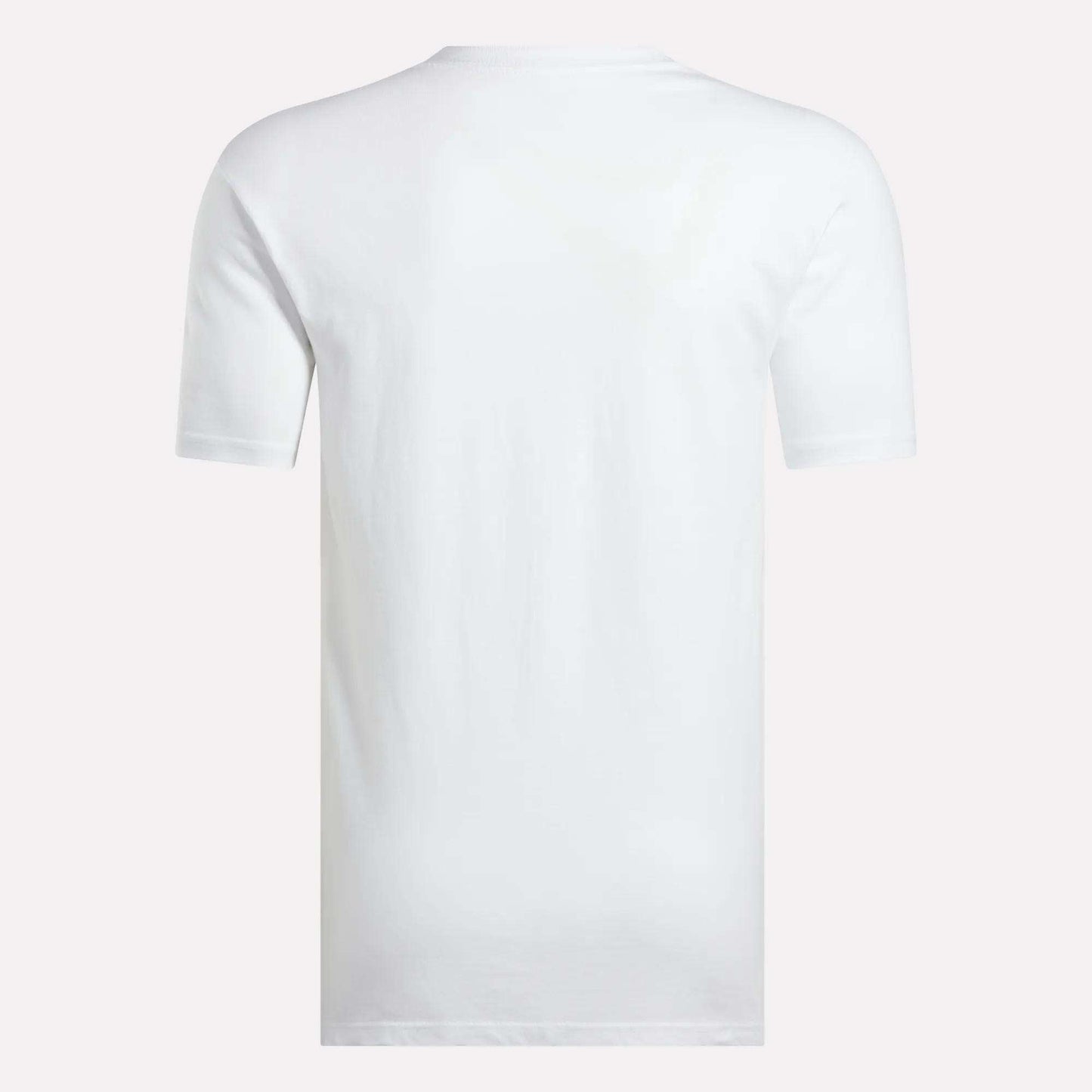 The Reebok Men's Stacked Vector T-Shirt is shown from the back against a light gray background, highlighting its classic short-sleeve cotton design.
