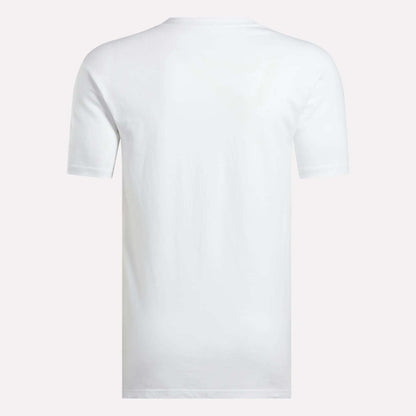 The Reebok Men's Stacked Vector T-Shirt is shown from the back against a light gray background, highlighting its classic short-sleeve cotton design.