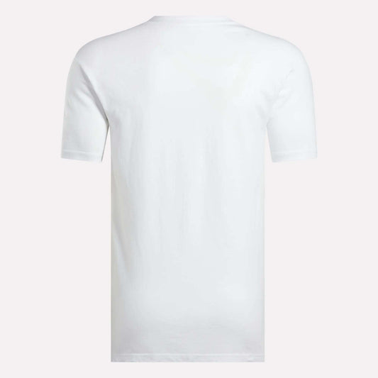 The Reebok Men's Stacked Vector T-Shirt is shown from the back against a light gray background, highlighting its classic short-sleeve cotton design.