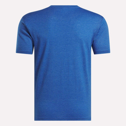 The Reebok Men's Identity Small Logo T-Shirt features a relaxed fit in plain blue, displayed from the back against a white background.