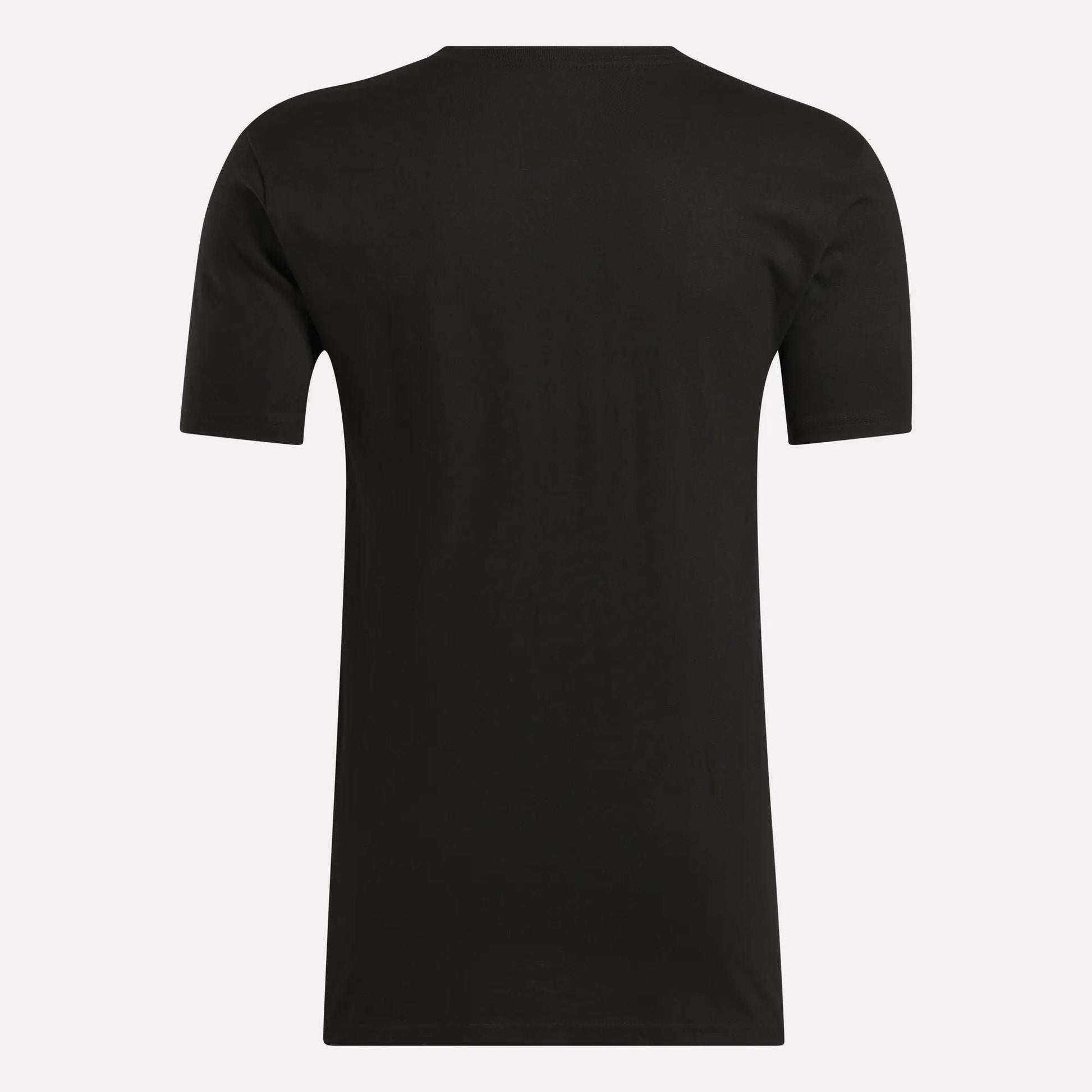 Back view of Reebok Men's Identity Small Logo T-Shirt in black with a relaxed fit, displayed against a light background.