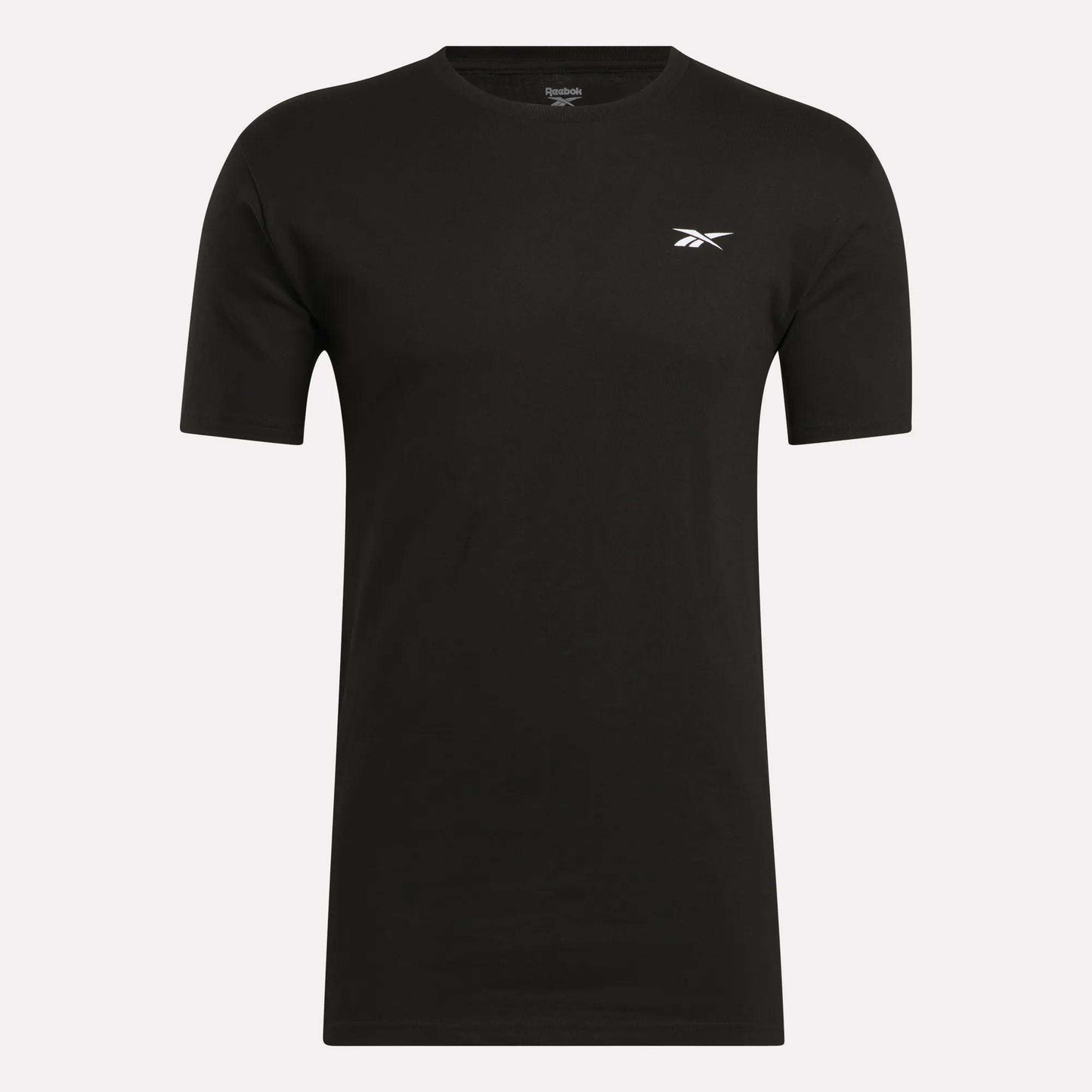 The Reebok Men's Identity Small Logo T-Shirt is black, features a front logo, and offers a relaxed fit for all-day comfort.