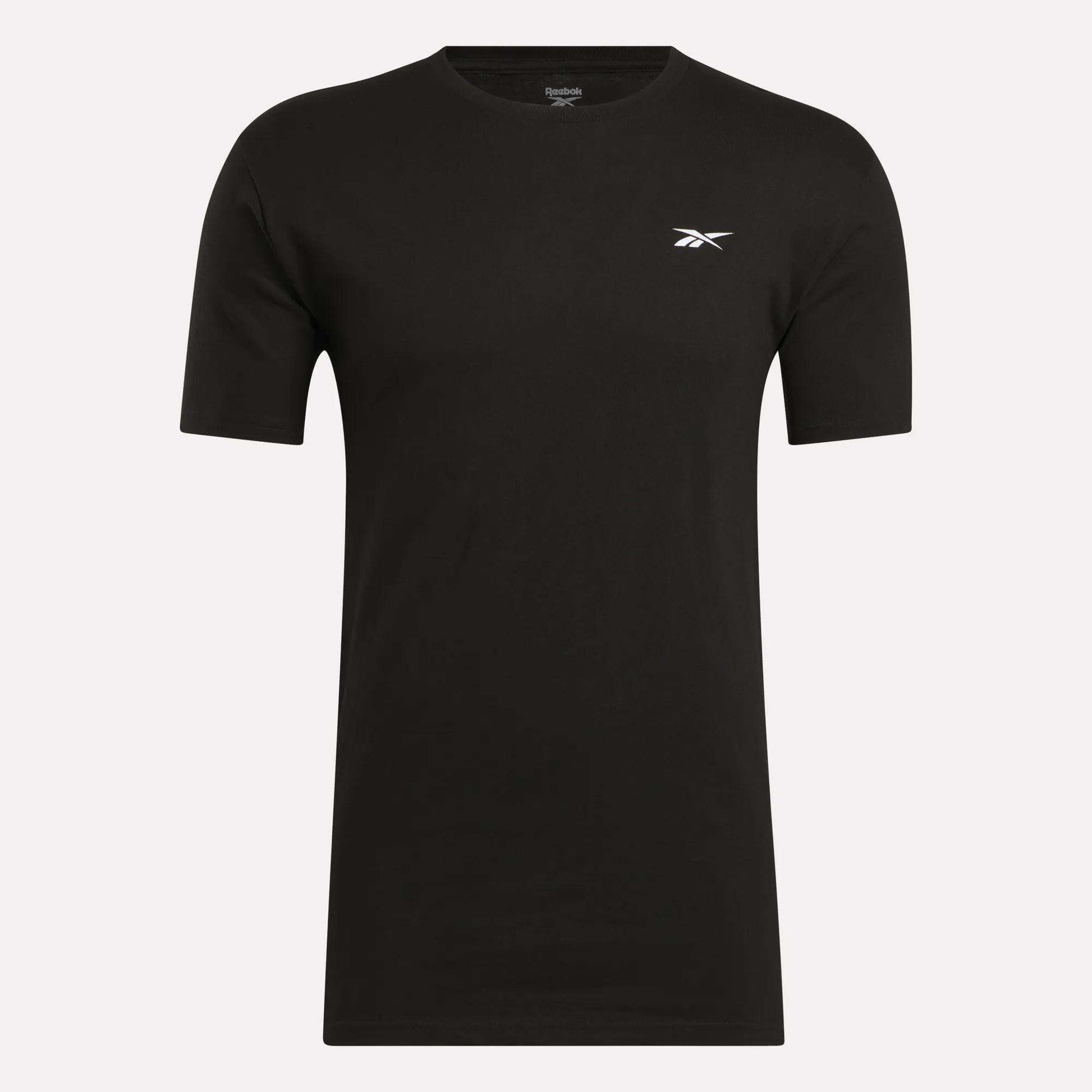 The Reebok Men's Identity Small Logo T-Shirt is black, features a front logo, and offers a relaxed fit for all-day comfort.