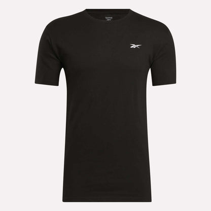 The Reebok Men's Identity Small Logo T-Shirt is black, features a front logo, and offers a relaxed fit for all-day comfort.