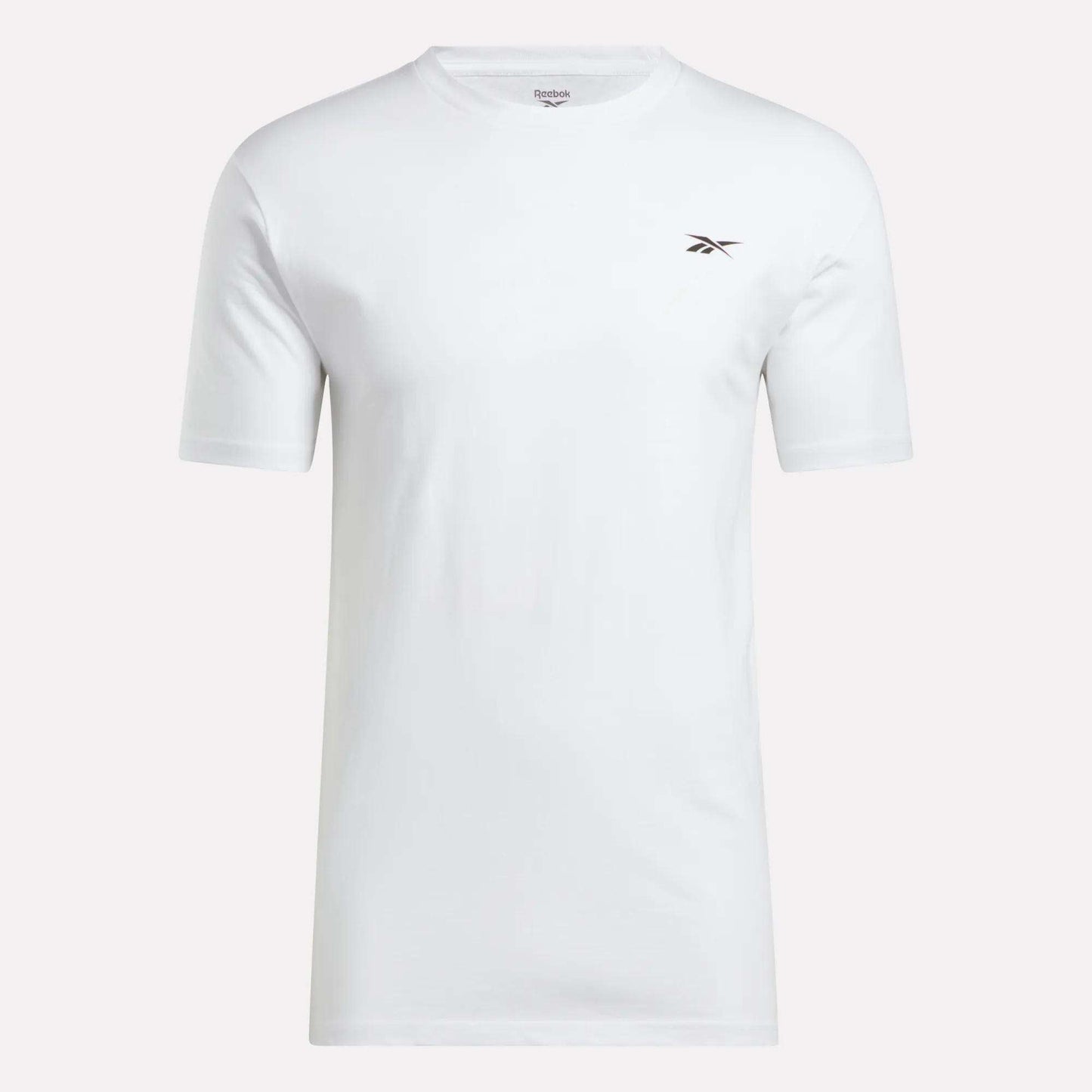 The Reebok Men's Identity Small Logo T-Shirt offers a relaxed fit and timeless style, featuring a plain white design with a small black and red Reebok logo on the left chest, displayed against a white background.