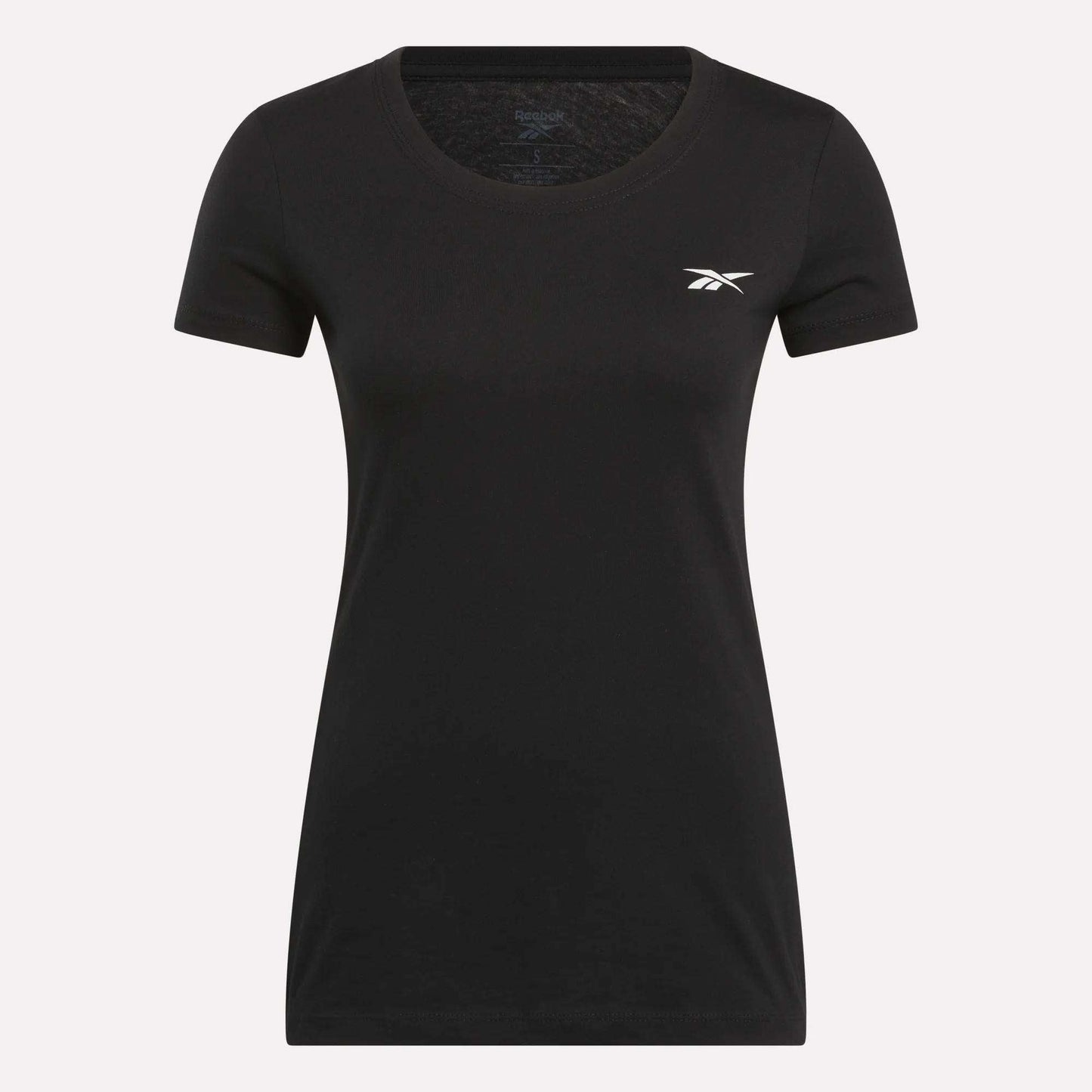 The Women's Reebok T-Shirt is a plain black, short-sleeve cotton tee with a round neck and a small white Reebok logo on the left chest, shown on a light background.