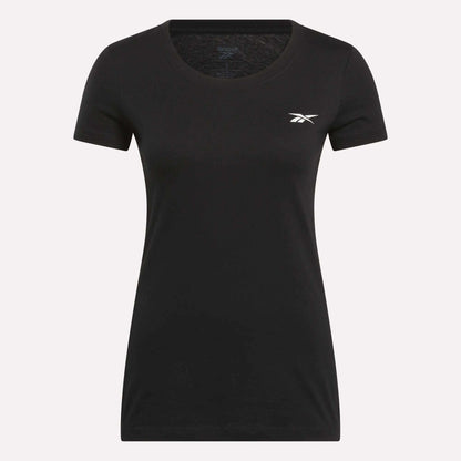 The Women's Reebok T-Shirt is a plain black, short-sleeve cotton tee with a round neck and a small white Reebok logo on the left chest, shown on a light background.