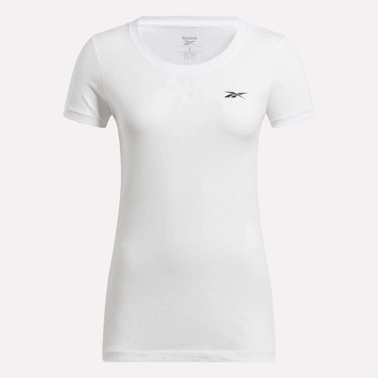 The Women's Reebok T-Shirt is a plain white cotton short-sleeve top with a small black Reebok logo on the left chest, shown on a white background.