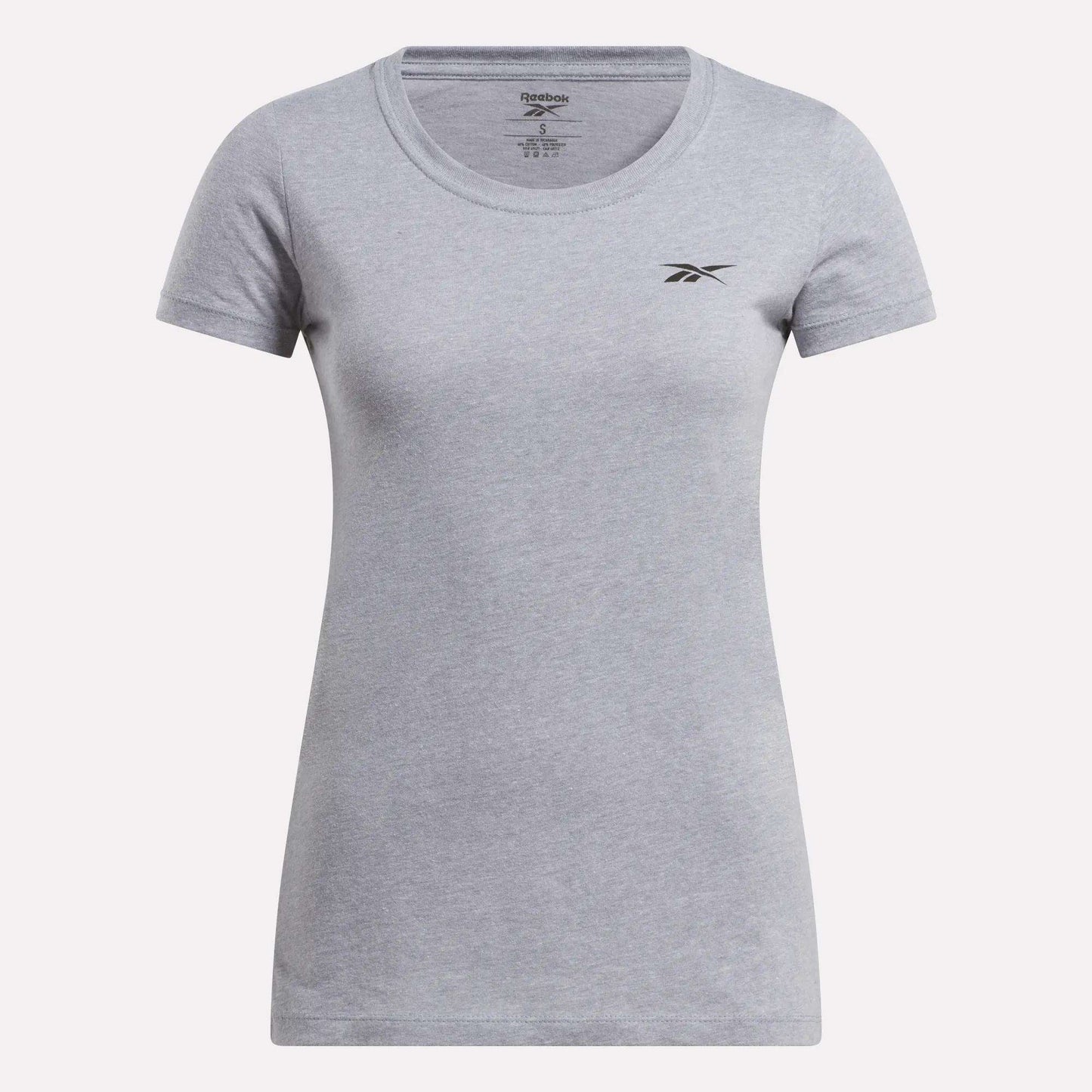 The Women's Reebok T-Shirt is a light gray cotton tee with short sleeves, a round neck, and a small black Reebok logo on the left chest, shown on a plain white background.