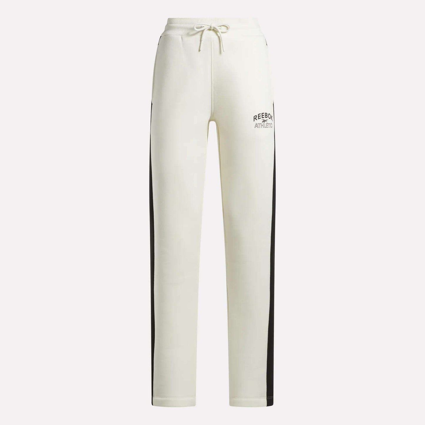 Crafted by Reebok, the Women’s Fleece Straight Leg Pants feature a crisp white design with black side stripes, an elastic waistband with drawstring closure, and Reebok Athletic branding on the left thigh. These cozy fleece pants are perfect for lounging in style against a plain background.