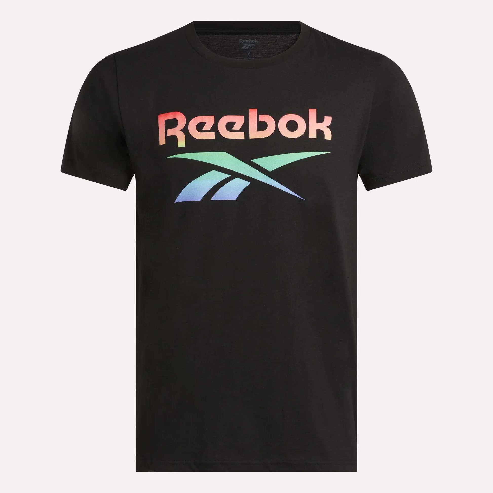 The Men's QT Rainbow T-Shirt by Reebok is a black short-sleeve tee with a vibrant rainbow Reebok logo graphic across the chest.