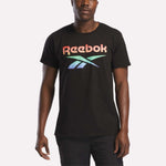 A person wearing a Reebok Men's Vector Graphic Rainbow T-Shirt, featuring a rainbow logo design on the front, stands against a plain light background.